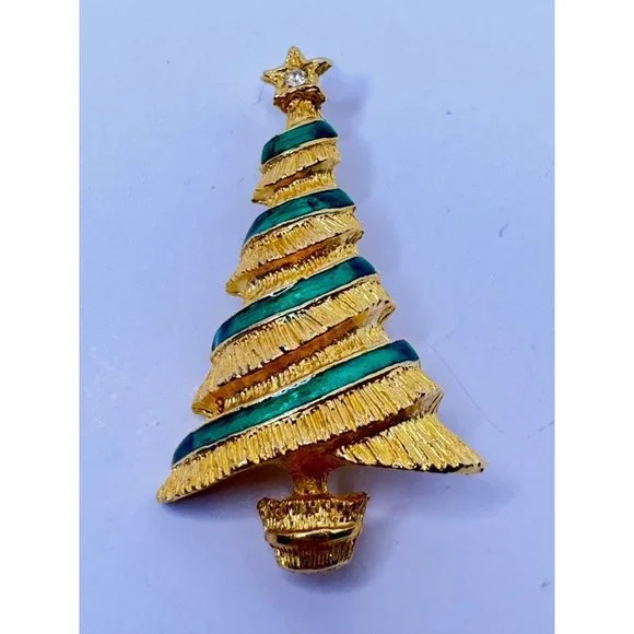 Christmas Tree Brooch Pin Vintage Jewelry Gold-Colored Green Stripes Ribbon Star - Picture 3 of 5